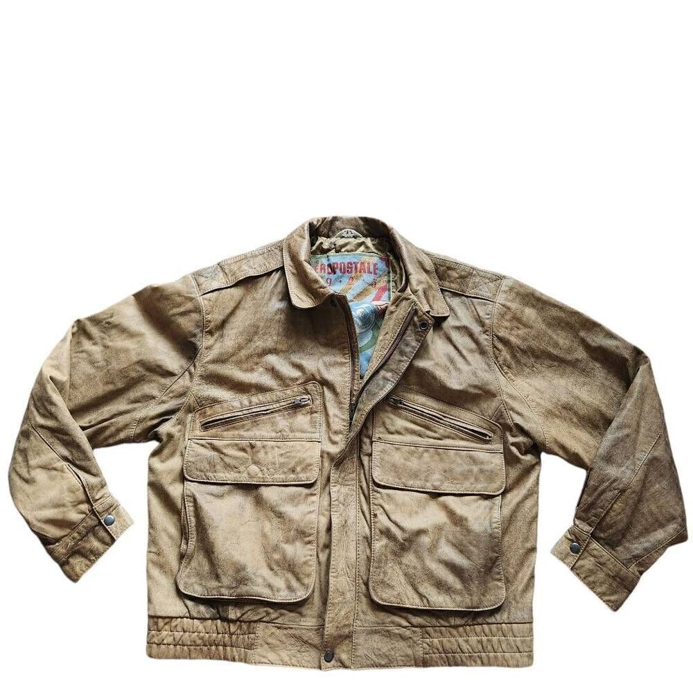 Vintage Aeropostale Leather Jacket Mens 44 XL Brown Bomber Aviator